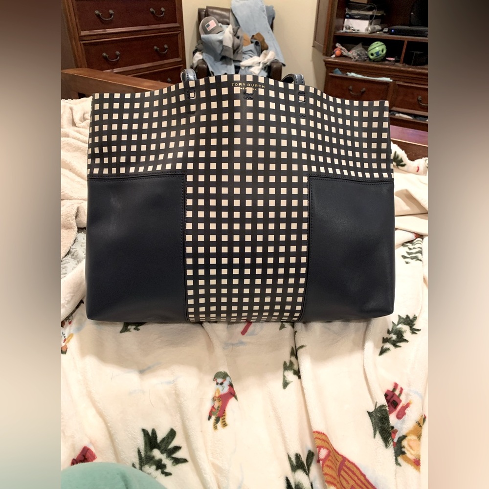 Tory Burch Navy and Cream Checkered Leather Tote